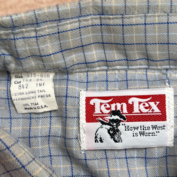 Vintage 80s Tem Tex Checkered Flannel Shirt Pearl Snap Gray Blue Plaid Men's 16 - Picture 2 of 6